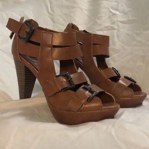 Guess medium brown peep toe heel.